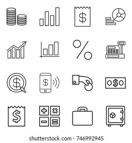 thin line icon set : coin stack, graph, receipt, diagram, percent, cashbox, dollar arrow, phone pay, hand, money, calculator, suitcase, safe