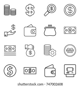 thin line icon set : coin stack, dollar, magnifier, investment, wallet, purse, money, gift, virtual mining, crypto currency, atm