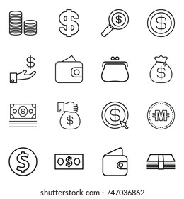 thin line icon set : coin stack, dollar, magnifier, investment, wallet, purse, money bag, gift, arrow, crypto currency