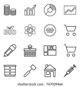 thin line icon set : coin stack, diagram, circle, statistics, bio, atom, crypto currency, cart, pencil, university, consolidated cargo, chest of drawers, meat hammer, house, syringe