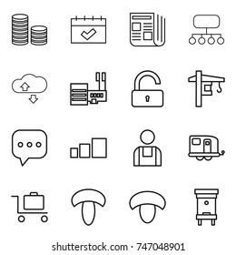 thin line icon set : coin stack, calendar, newspaper, structure, cloude service, mall, unlock, tower crane, sms, sorting, workman, trailer, baggage trolley, mushroom, hive