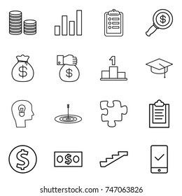thin line icon set : coin stack, graph, clipboard, dollar magnifier, money bag, gift, pedestal, graduate hat, bulb head, target, puzzle, stairs, mobile checking