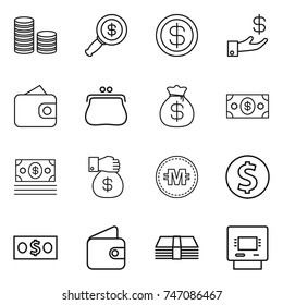 thin line icon set : coin stack, dollar magnifier, investment, wallet, purse, money bag, gift, crypto currency, atm