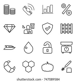 thin line icon set : coin stack, call, graph, percent, diamond, architector, protected, pallet, yacht, drop, unlocked, kitchen scales, croissant, honeycombs, pumpkin, toilet brush