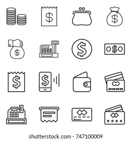 thin line icon set : coin stack, receipt, purse, money bag, gift, cashbox, dollar, mobile pay, wallet, credit card, atm