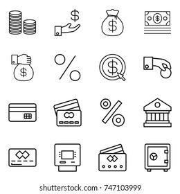 thin line icon set : coin stack, investment, money bag, gift, percent, dollar arrow, hand, credit card, library, atm, safe