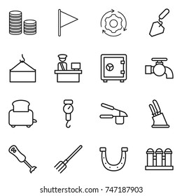 thin line icon set : coin stack, flag, around gear, construction, loading crane, customs control, safe, water tap, toaster, handle scales, garlic clasp, knife holder, blender, fork, horseshoe