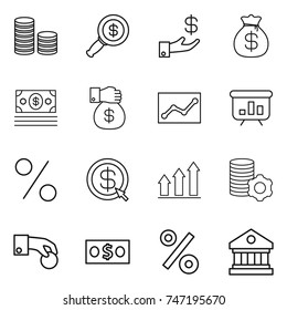 thin line icon set : coin stack, dollar magnifier, investment, money bag, gift, statistics, presentation, percent, arrow, graph up, virtual mining, hand, library