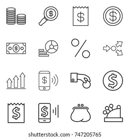 thin line icon set : coin stack, dollar magnifier, receipt, money, diagram, percent, core splitting, graph up, phone pay, hand, mobile, purse, cashbox