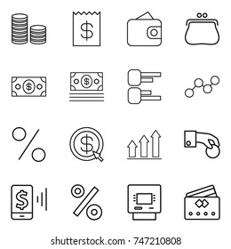 thin line icon set : coin stack, receipt, wallet, purse, money, diagram, graph, percent, dollar arrow, up, hand, mobile pay, atm, credit card