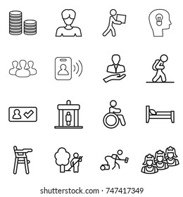 thin line icon set : coin stack, woman, courier, bulb head, group, pass card, client, tourist, check in, detector, invalid, bed, Chair for babies, garden cleaning, vacuum cleaner, outsource