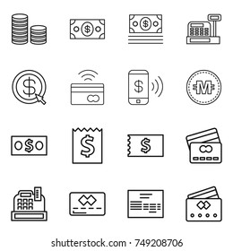 thin line icon set : coin stack, money, cashbox, dollar arrow, tap to pay, phone, crypto currency, receipt, credit card, invoice