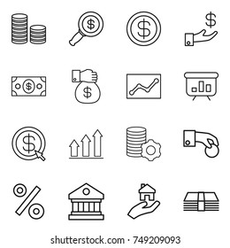 thin line icon set : coin stack, dollar magnifier, investment, money, gift, statistics, presentation, arrow, graph up, virtual mining, hand, percent, library, real estate