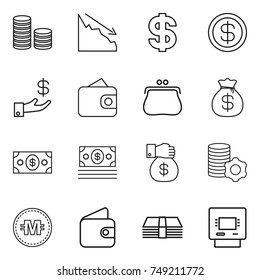thin line icon set : coin stack, crisis, dollar, investment, wallet, purse, money bag, gift, virtual mining, crypto currency, atm