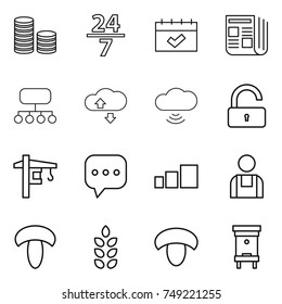 thin line icon set : coin stack, 24 7, calendar, newspaper, structure, cloude service, cloud wireless, unlock, tower crane, sms, sorting, workman, mushroom, spikelets, hive