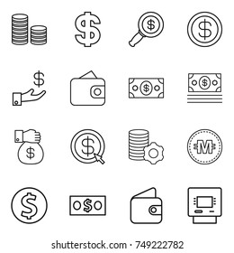 thin line icon set : coin stack, dollar, magnifier, investment, wallet, money, gift, arrow, virtual mining, crypto currency, atm