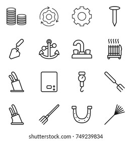 thin line icon set : coin stack, around gear, nail, construction, anchor, water tap, radiator, stands for knives, kitchen scales, handle, big fork, knife holder, horseshoe, rake