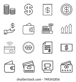 thin line icon set : coin stack, dollar, receipt, investment, wallet, cashbox, graph up, tap to pay, crypto currency, account balance, credit card, atm
