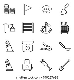thin line icon set : coin stack, flag, ufo, construction, loading, rack, anchor, radiator, stands for knives, kitchen scales, walnut crack, ladle, knife holder, toaster, blender, shovel