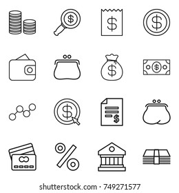 thin line icon set : coin stack, dollar magnifier, receipt, wallet, purse, money bag, graph, arrow, account balance, credit card, percent, library