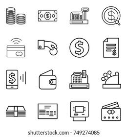 thin line icon set : coin stack, money, cashbox, dollar arrow, tap to pay, hand, account balance, mobile, wallet, invoice, atm, credit card