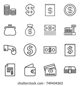 thin line icon set : coin stack, dollar, receipt, purse, money bag, cashbox, hand, account balance, wallet, credit card