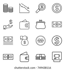 thin line icon set : coin stack, crisis, dollar magnifier, investment, wallet, purse, money, gift, crypto currency, atm