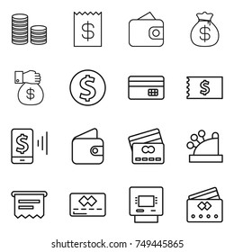 thin line icon set : coin stack, receipt, wallet, money bag, gift, dollar, credit card, mobile pay, cashbox, atm