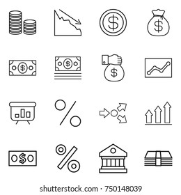 thin line icon set : coin stack, crisis, dollar, money bag, gift, statistics, presentation, percent, core splitting, graph up, library