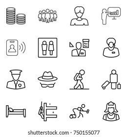 thin line icon set : coin stack, team, woman, presentation, pass card, wc, architector, support manager, security man, confidential, tourist, passenger, bed, skyscrapers cleaning, vacuum cleaner