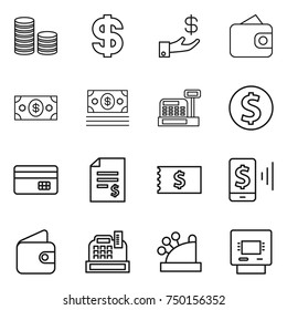 thin line icon set : coin stack, dollar, investment, wallet, money, cashbox, credit card, account balance, receipt, mobile pay, atm