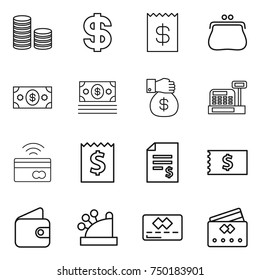 thin line icon set : coin stack, dollar, receipt, purse, money, gift, cashbox, tap to pay, account balance, wallet, credit card