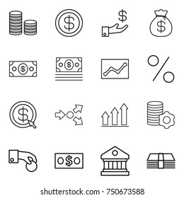 thin line icon set : coin stack, dollar, investment, money bag, statistics, percent, arrow, core splitting, graph up, virtual mining, hand, library