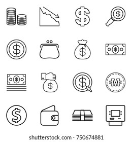 thin line icon set : coin stack, crisis, dollar, magnifier, purse, money bag, gift, arrow, crypto currency, wallet, atm