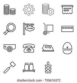 thin line icon set : coin stack, round around, virtual mining, atm receipt, magnifier, store signboard, cargo stoller, bunker, surveillance camera, phone, iron, egg timer, meat hammer, salt pepper