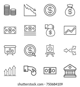 thin line icon set : coin stack, crisis, dollar, money bag, gift, statistics, presentation, arrow, core splitting, graph up, hand, library