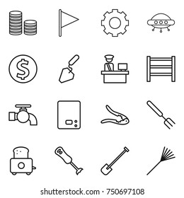 thin line icon set : coin stack, flag, gear, ufo, dollar, construction, customs control, rack, water tap, kitchen scales, walnut crack, big fork, toaster, blender, shovel, rake