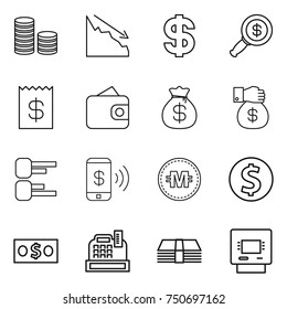 thin line icon set : coin stack, crisis, dollar, magnifier, receipt, wallet, money bag, gift, diagram, phone pay, crypto currency, cashbox, atm