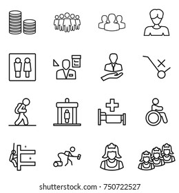 Thin Line Icon Set : Coin Stack, Team, Group, Woman, Wc, Architector, Client, Do Not Trolley Sign, Tourist, Detector, Hospital, Invalid, Skyscrapers Cleaning, Vacuum Cleaner, Outsource