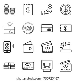 thin line icon set : coin stack, receipt, investment, dollar arrow, tap to pay, crypto currency, credit card, mobile, wallet, cashbox, money, atm