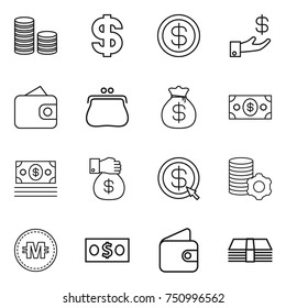 thin line icon set : coin stack, dollar, investment, wallet, purse, money bag, gift, arrow, virtual mining, crypto currency