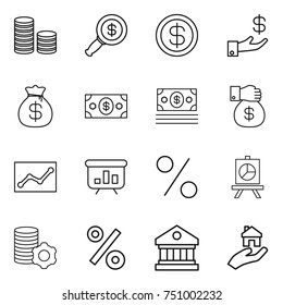 thin line icon set : coin stack, dollar magnifier, investment, money bag, gift, statistics, presentation, percent, virtual mining, library, real estate