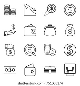 thin line icon set : coin stack, crisis, dollar magnifier, investment, wallet, purse, money bag, gift, arrow, virtual mining, atm