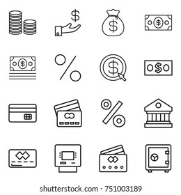 thin line icon set : coin stack, investment, money bag, percent, dollar arrow, credit card, library, atm, safe