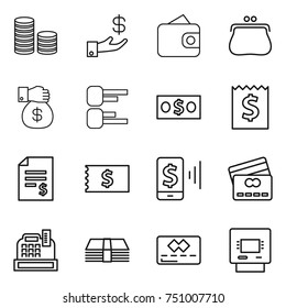 thin line icon set : coin stack, investment, wallet, purse, money gift, diagram, receipt, account balance, mobile pay, credit card, cashbox, atm