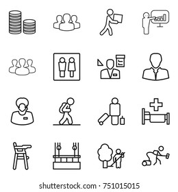 thin line icon set : coin stack, group, courier, presentation, wc, architector, client, support manager, tourist, passenger, hospital, Chair for babies, skysrcapers cleaning, garden, vacuum cleaner