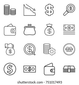thin line icon set : coin stack, crisis, dollar, magnifier, wallet, purse, money bag, gift, arrow, virtual mining, crypto currency