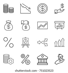thin line icon set : coin stack, crisis, dollar, investment, money bag, gift, statistics, presentation, percent, core splitting, graph up, virtual mining, library, real estate