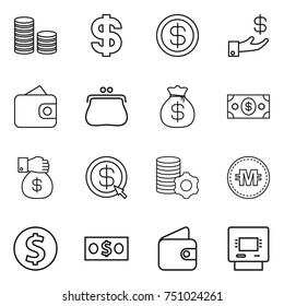thin line icon set : coin stack, dollar, investment, wallet, purse, money bag, gift, arrow, virtual mining, crypto currency, atm