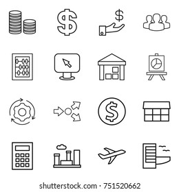 thin line icon set : coin stack, dollar, investment, group, abacus, monitor arrow, warehouse, presentation, around gear, core splitting, market, calculator, city, plane, hotel